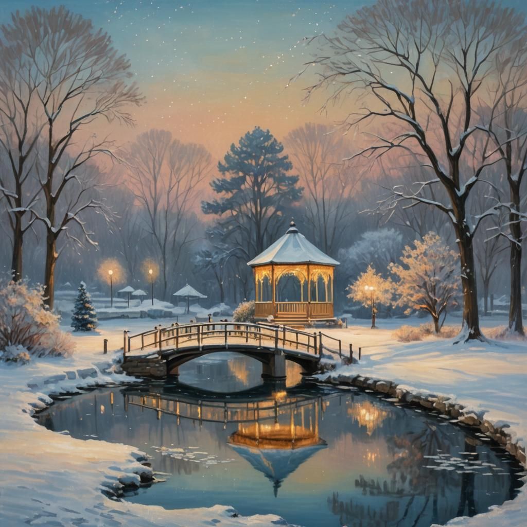 Winter Pond Gazebo: An Impressionist Landscape