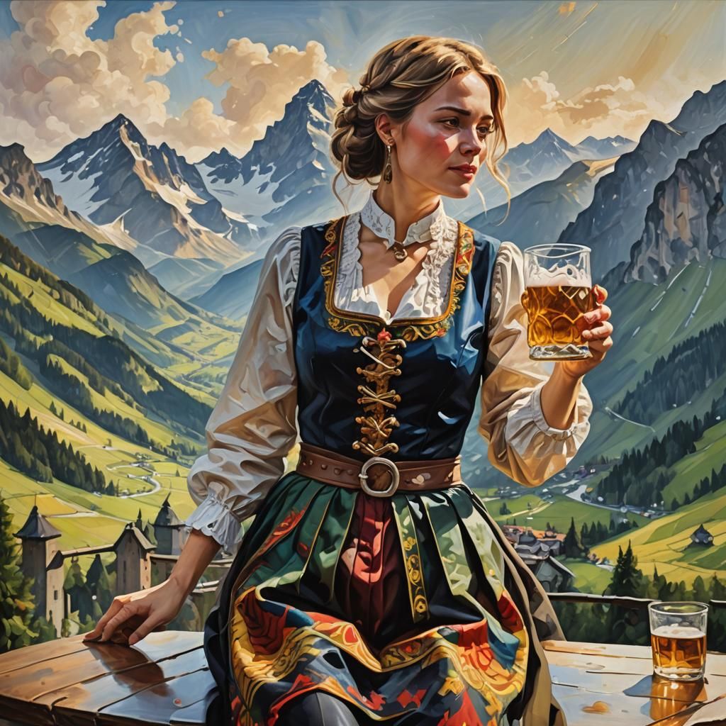 Abstract Oil Painting of Woman with Beer in Germany