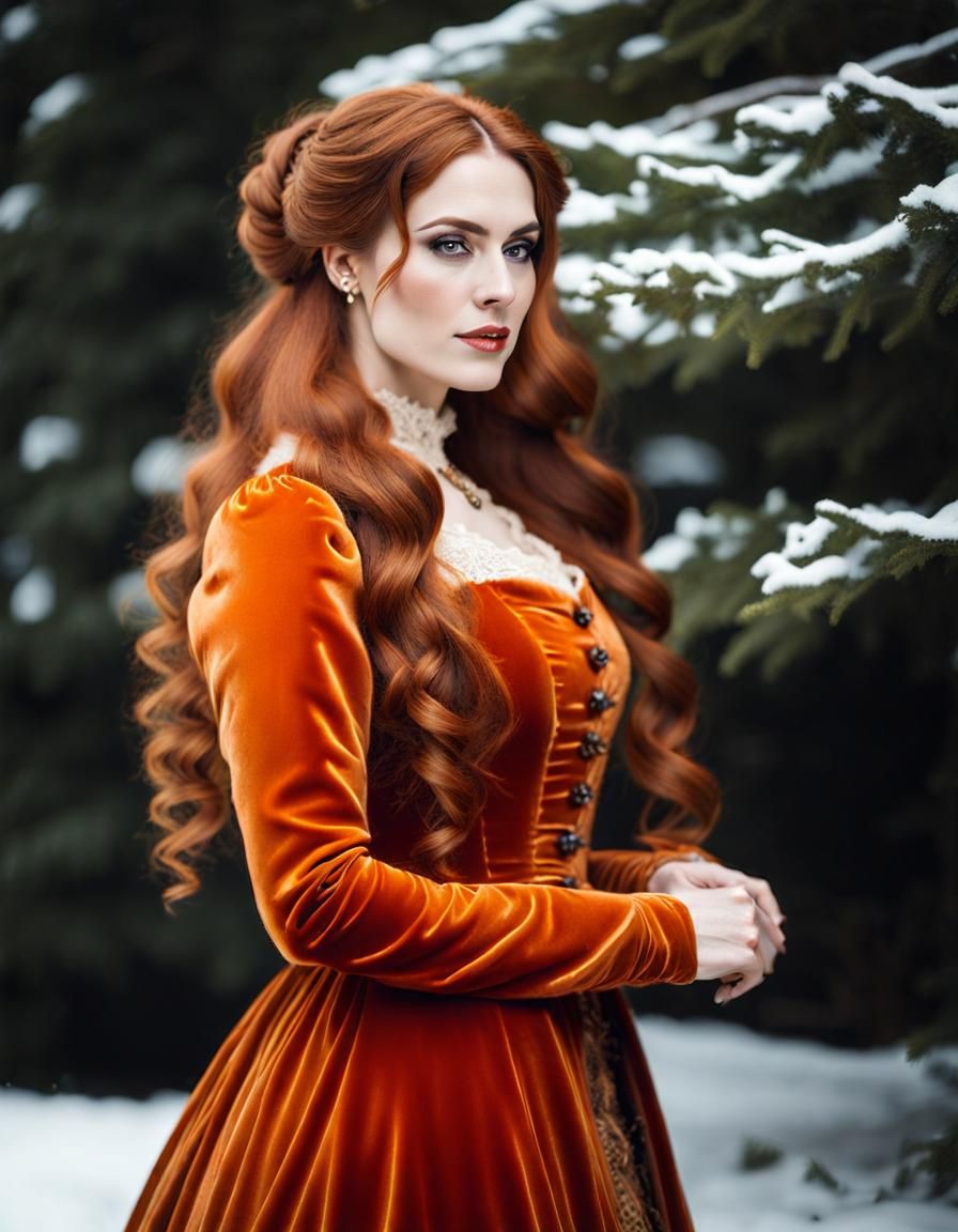 Victorian Woman in Orange Velvet Dress Portrait