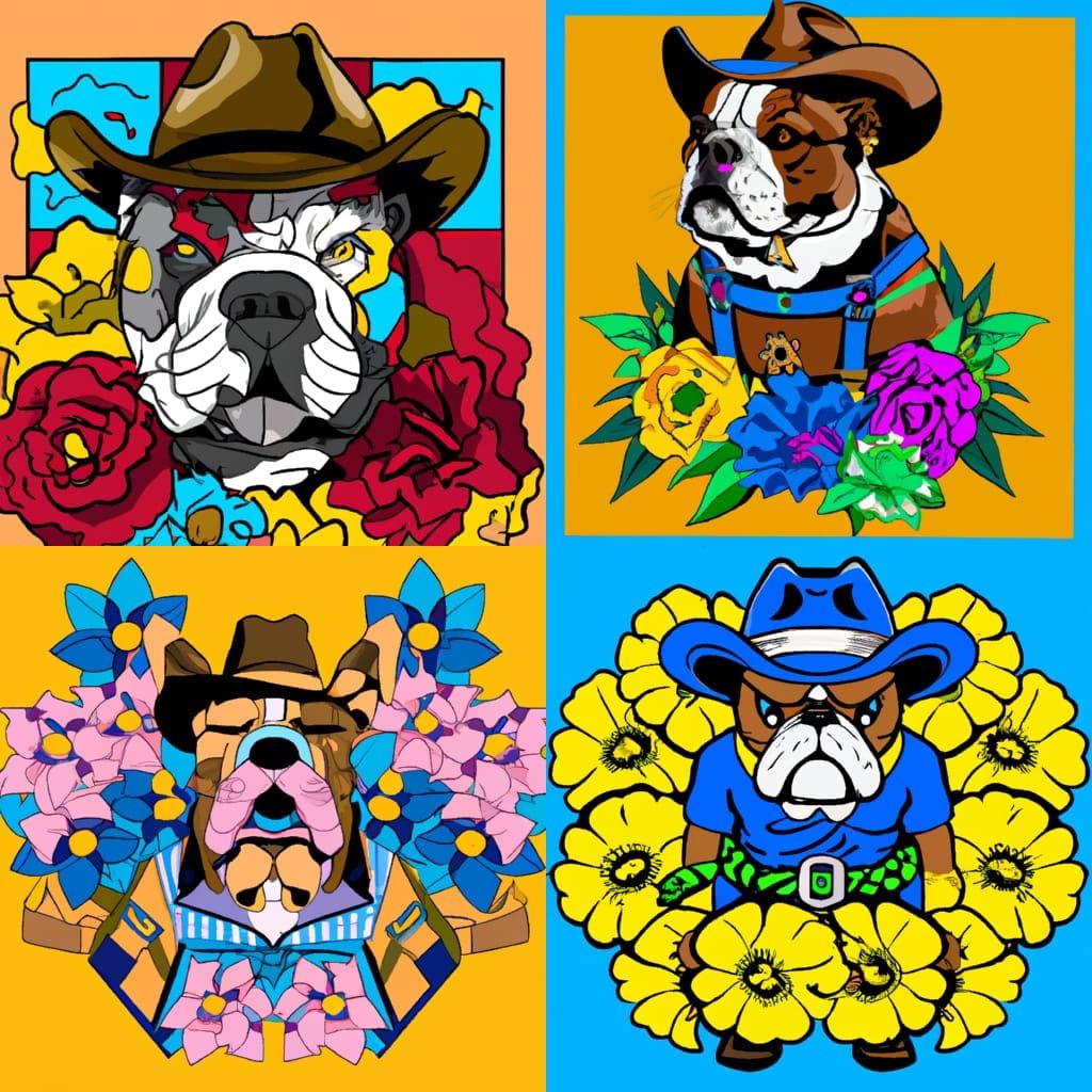 Bulldog Cowboy Cartoon with Flowers in Pop Art Style