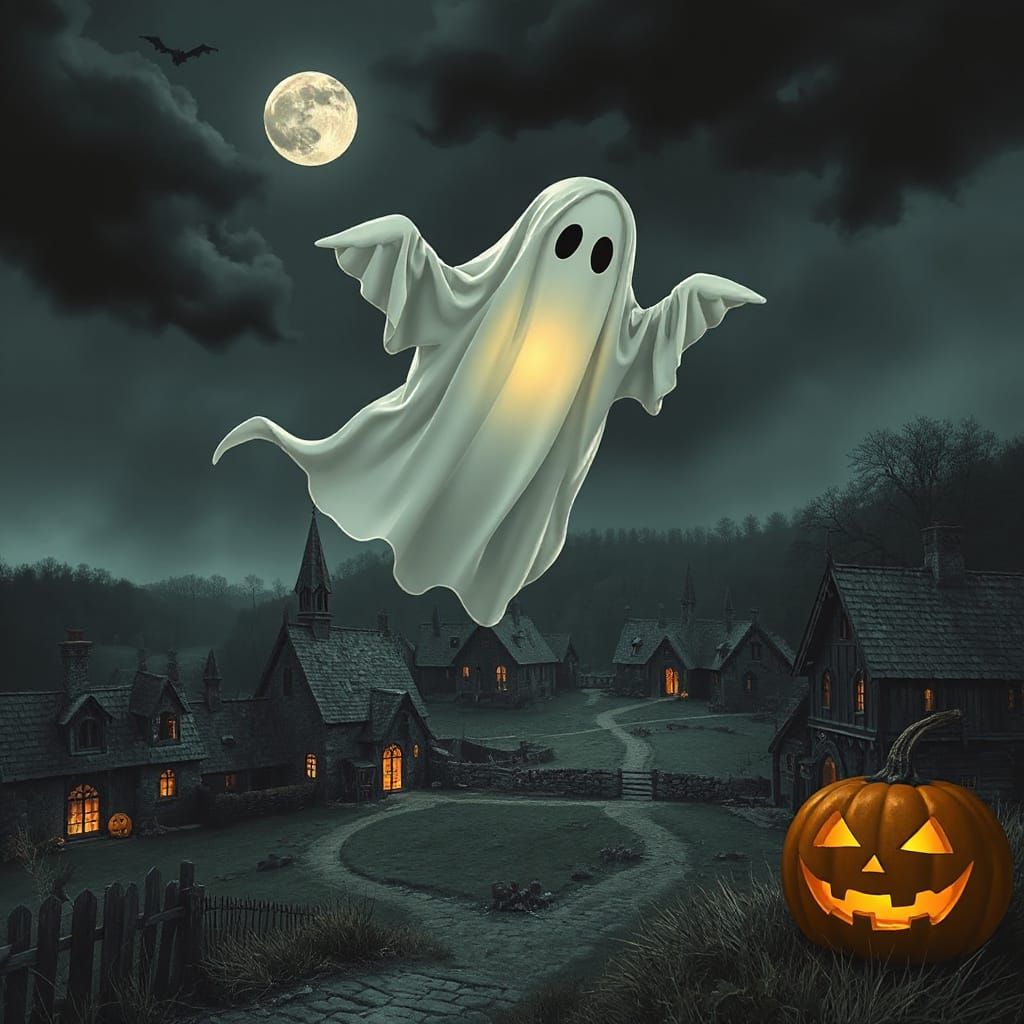 Ghost Over Spooky Medieval Village with Jack-o-Lantern
