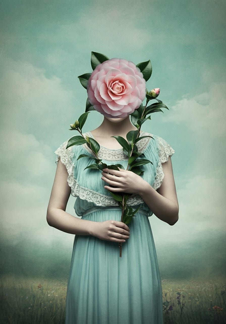 Woman in Elegant Empire-Waist Dress with Pale Pink Camellia