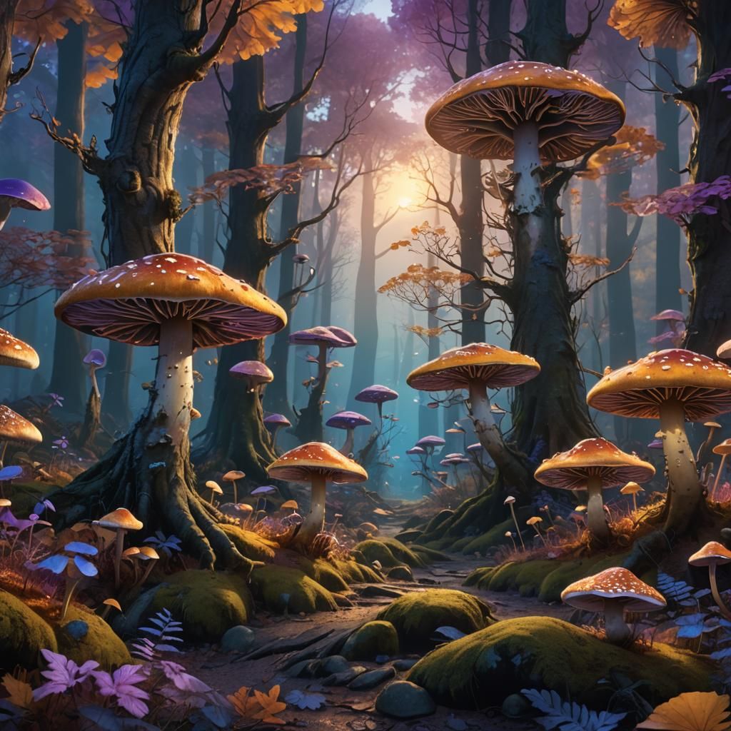 Glowing Mushrooms in a Sci-Fi Autumn Forest