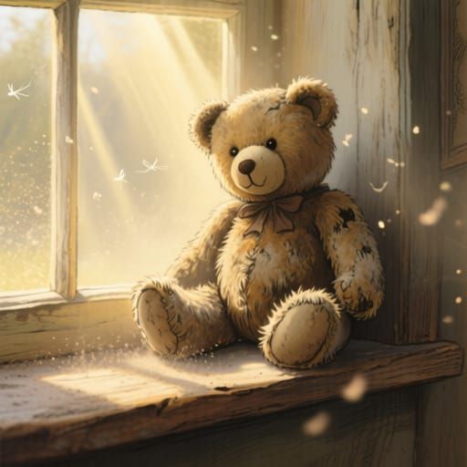Antique Teddy Bear on Windowsill in Golden Light