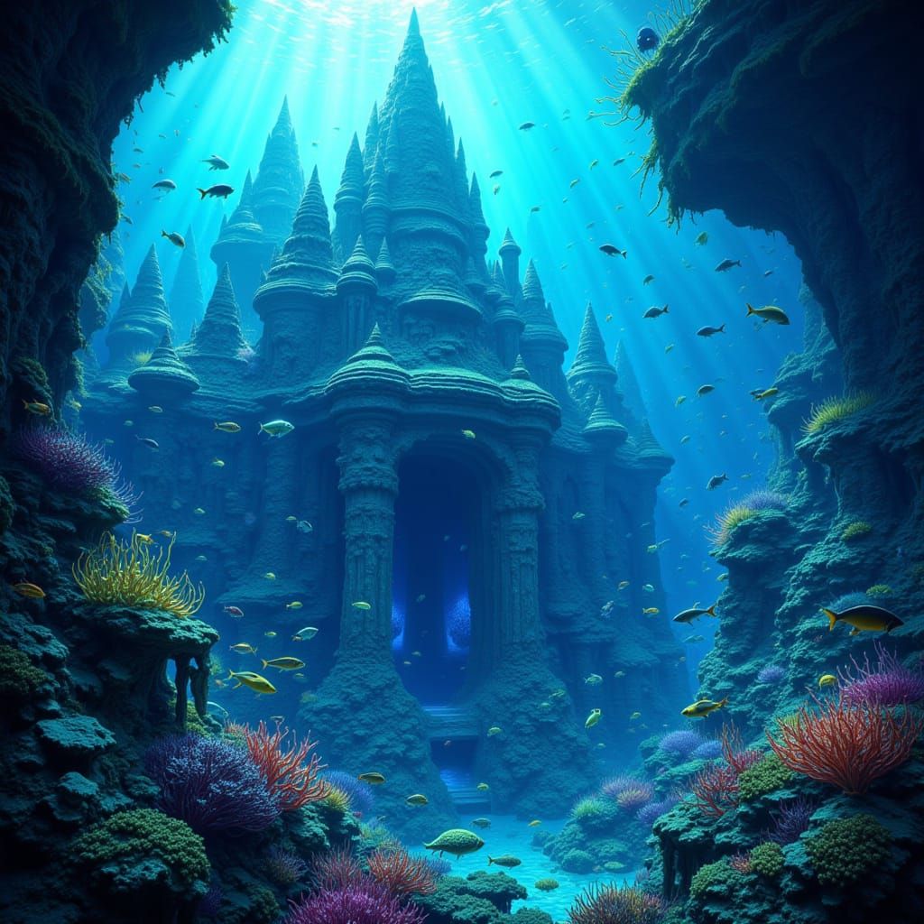 Ethereal Underwater Temple in Surrealist Style