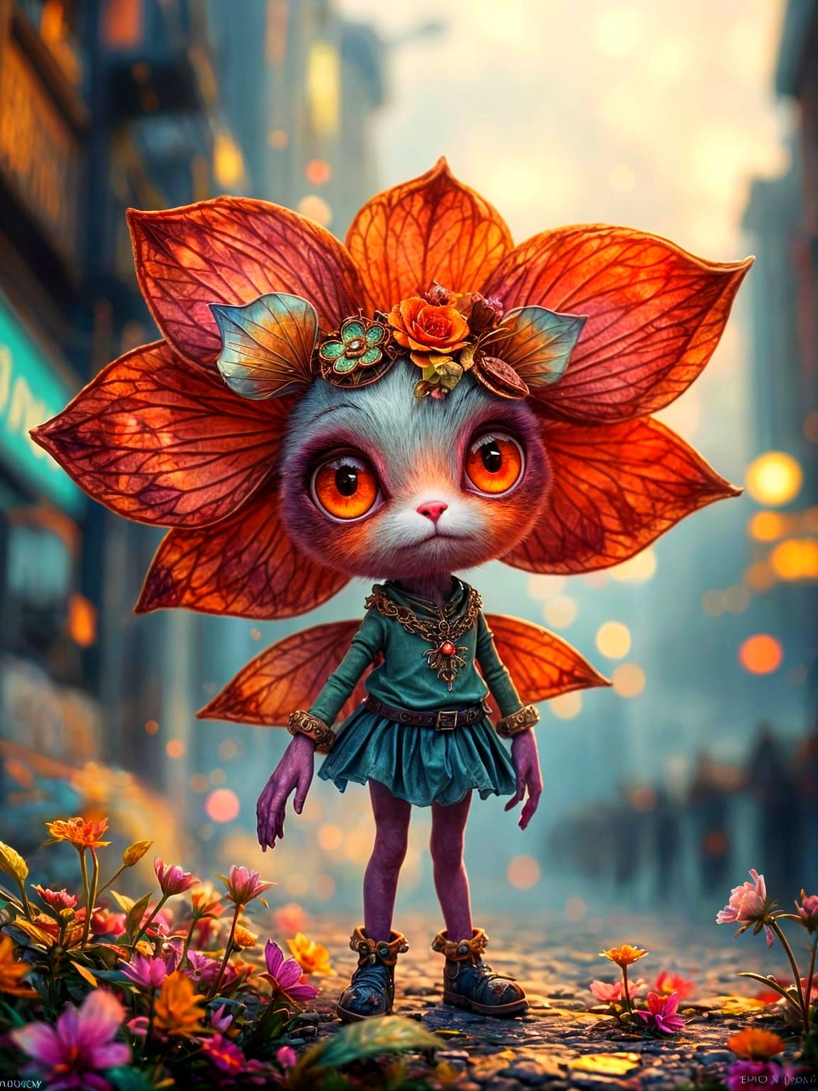 Cute Flower Creature in Bohemian Cyberpunk Fashion