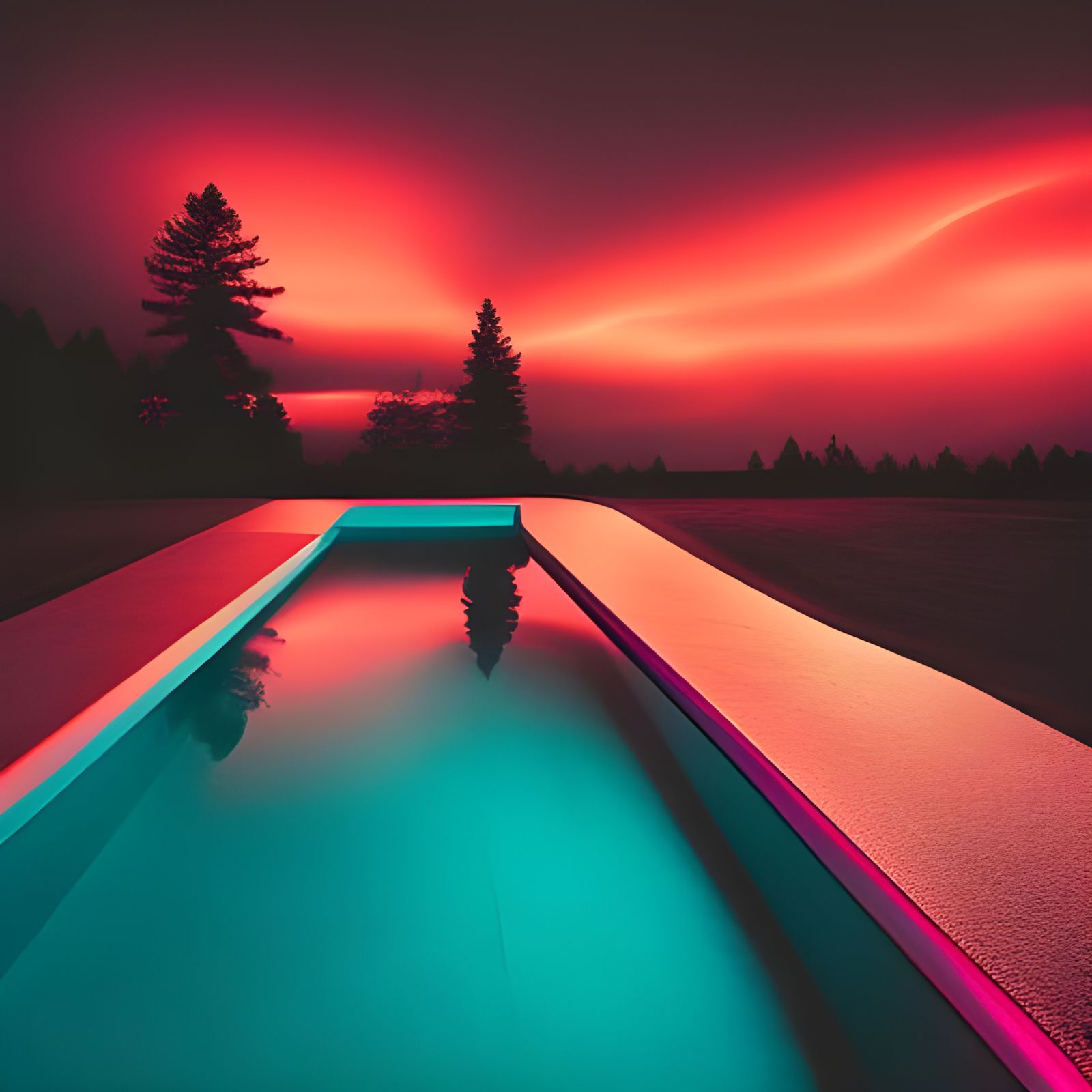 Synthwave Swimming Pool Amidst Stormy Forest