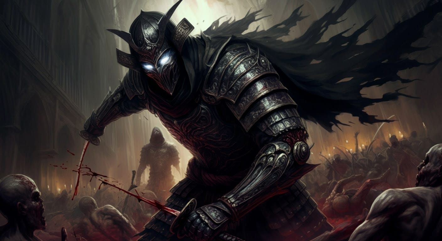 Dark Samurai in Twisted Armor Slices Through Eldritch Hordes