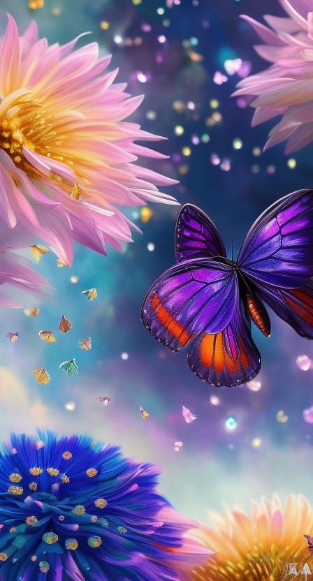Indigo Butterfly with Glitter Flowers in Digital Art