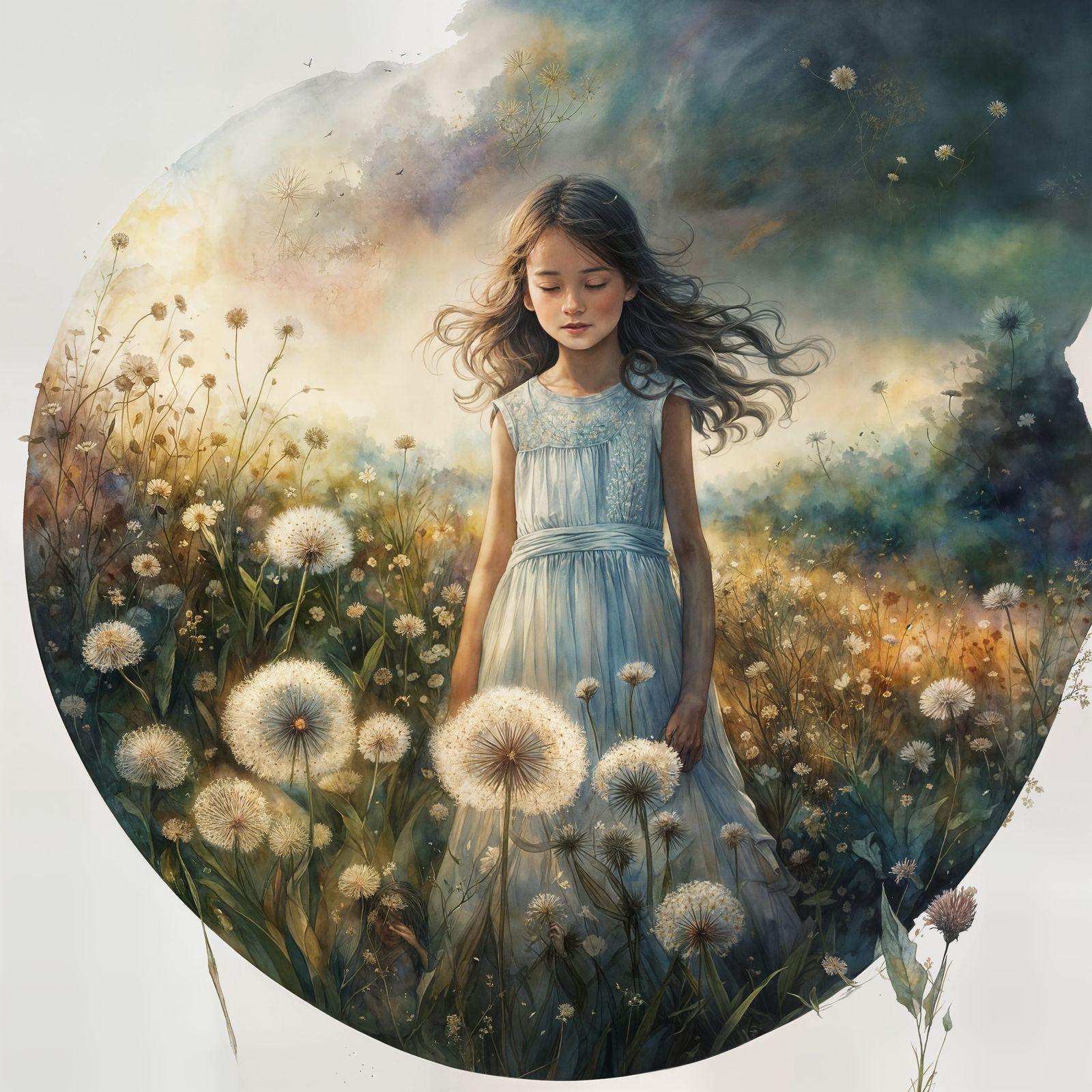 A Young Girl's Wishes Take Flight in a Whimsical Watercolor....