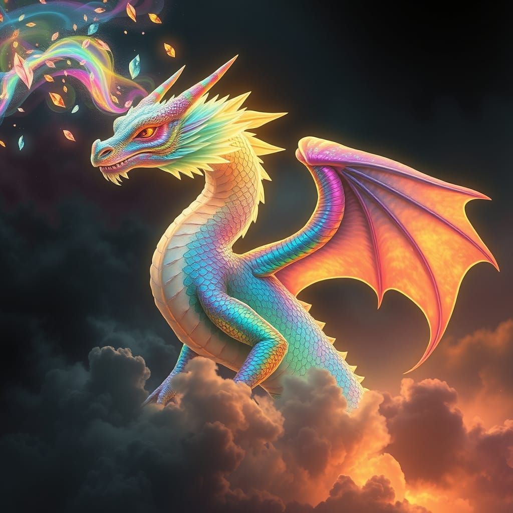 A rainbow dragon on black clouds, spitting rainbow leaves.
translucent, luminous, magic.