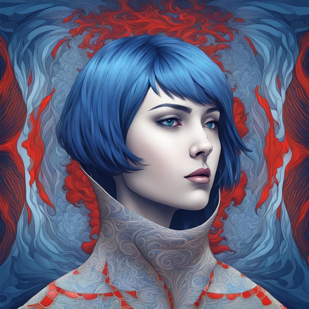 Abstract Blue-Haired Woman with Fractal Elements