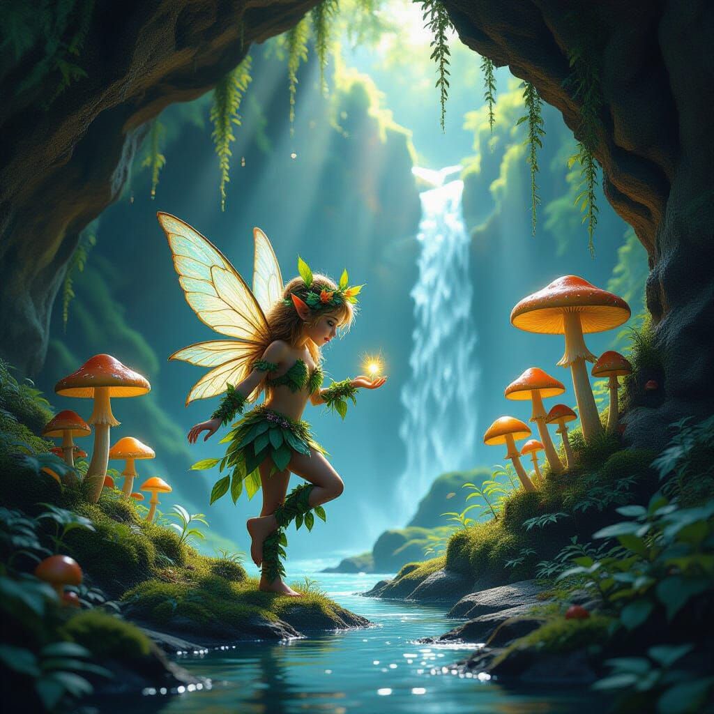 Enchanted Forest Sprite in Grotto, Dark Fantasy Art