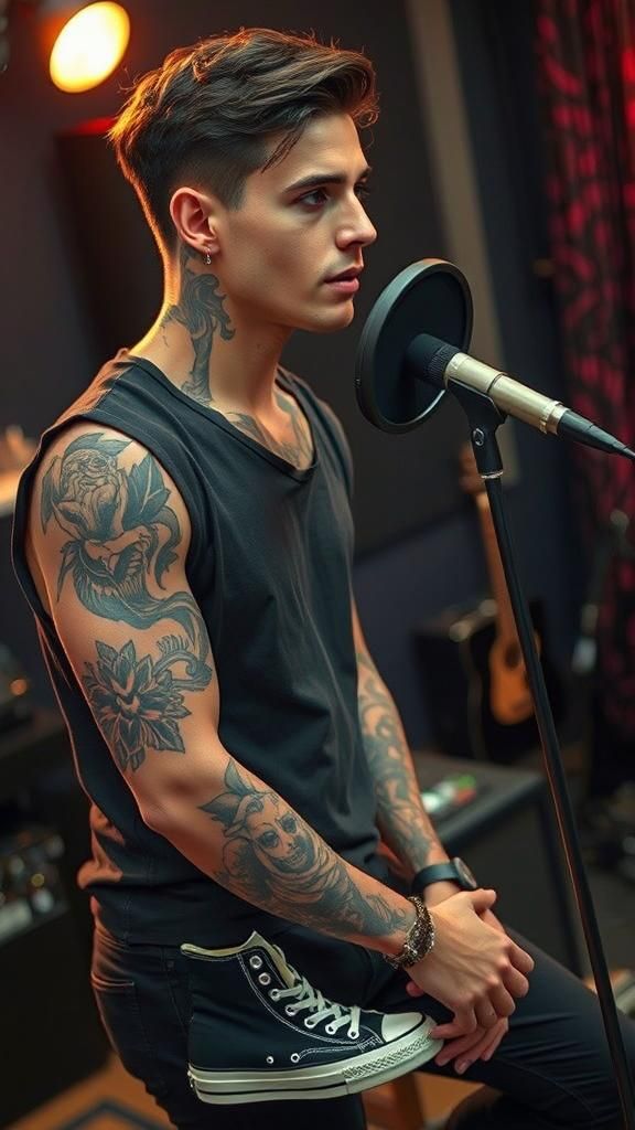 Hyperrealistic Tattoo Model Recording Music