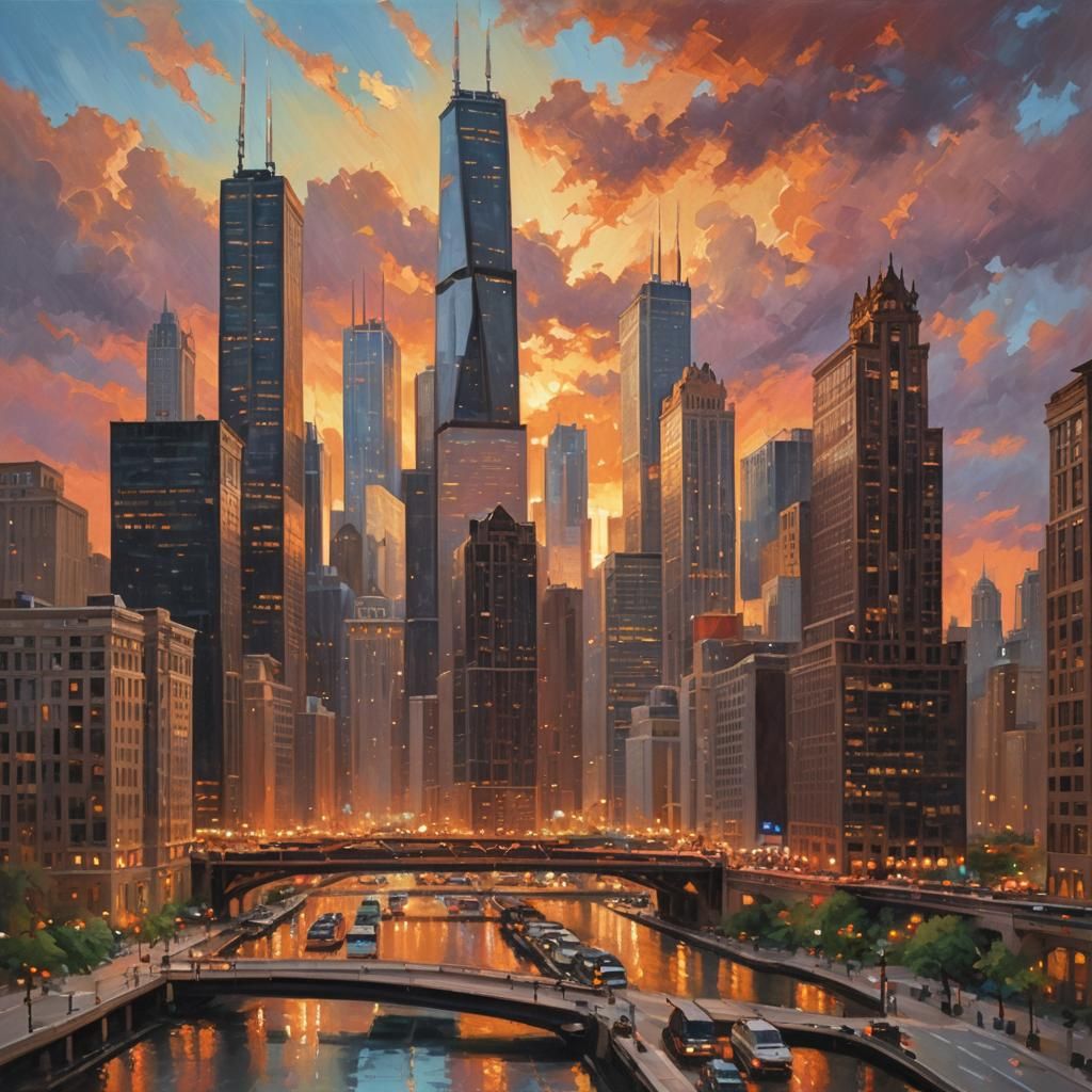 Chicago Skyline Sunset in Impressionist Oil Painting