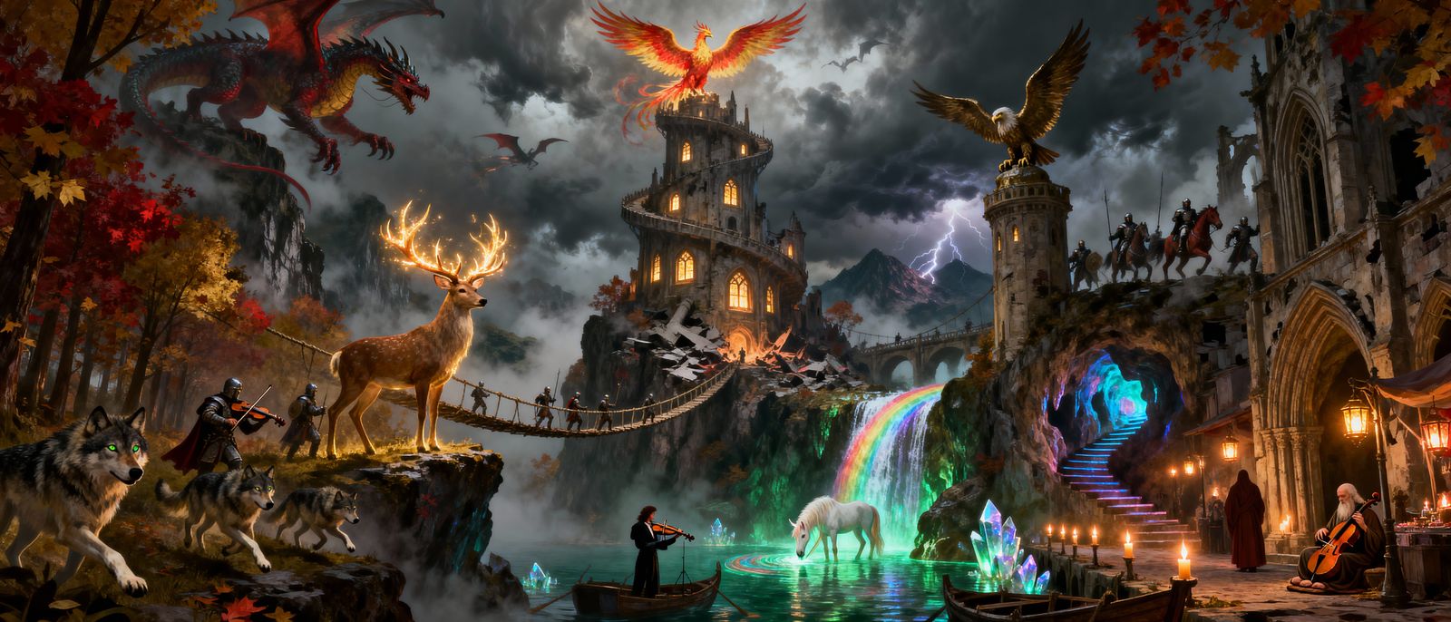 Enchanted Spiral Castle Amidst Dragon Battles and Autumn Mis...
