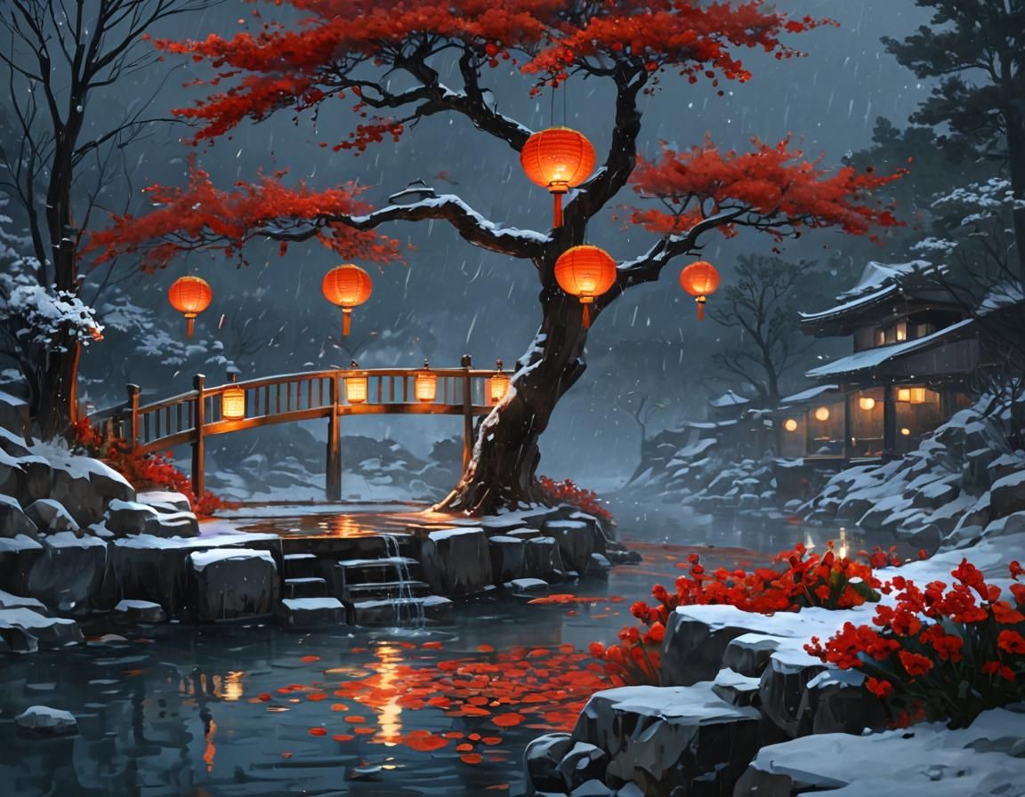 Surreal Onsen Scene in a Blizzard with Red Flowers and Lante...