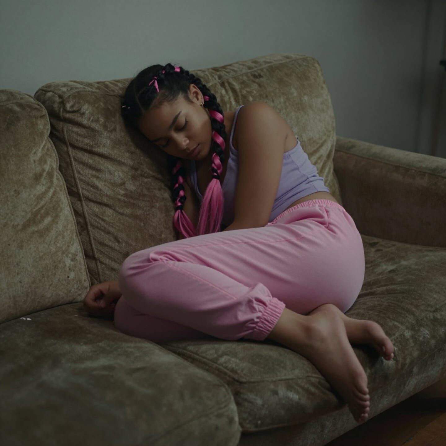 Punk Girl Asleep on Couch in Cinematic Film Still