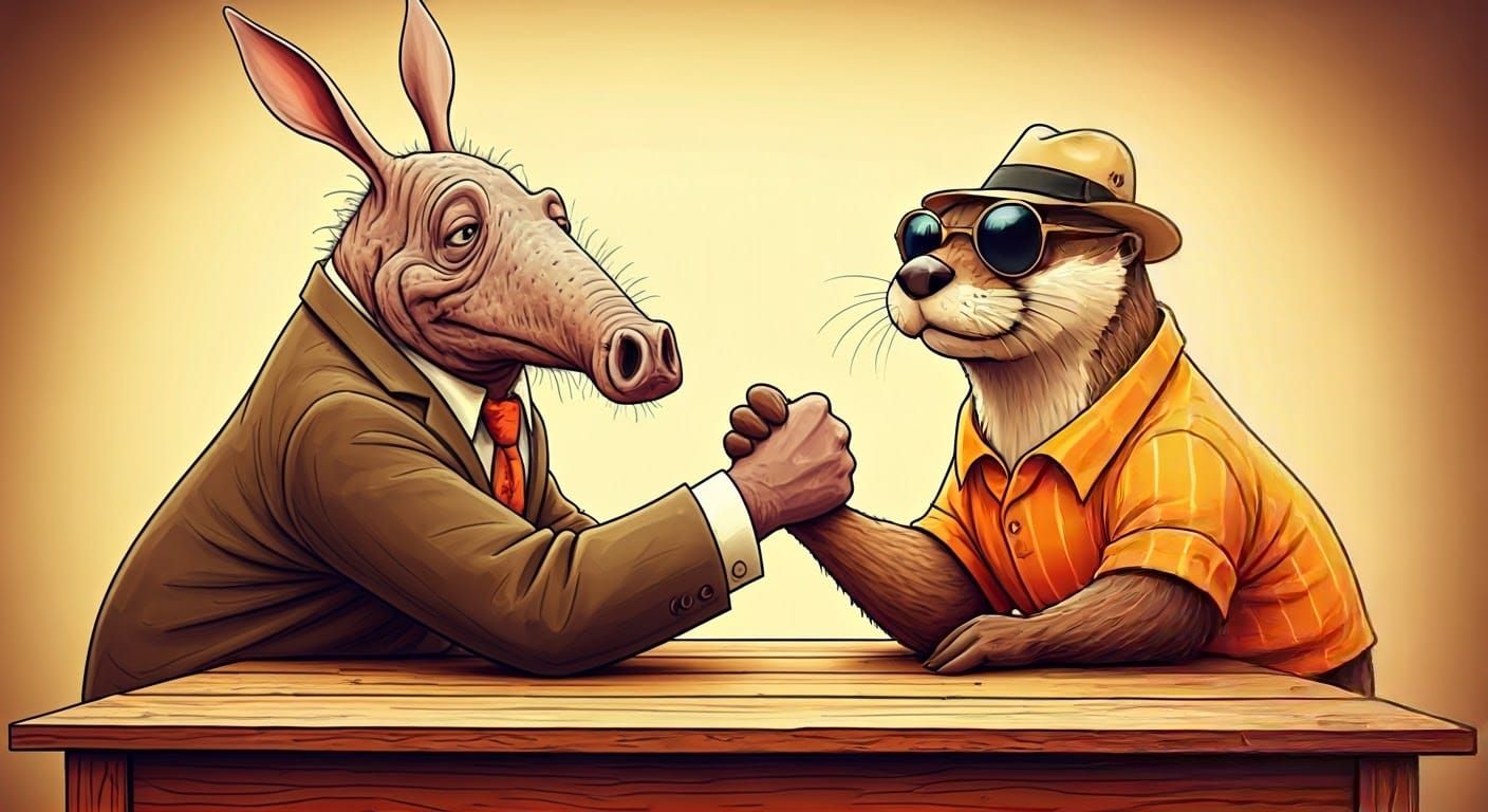 Whimsical Cartoon Aardvark and Otter Engage in Comedic Arm-W...