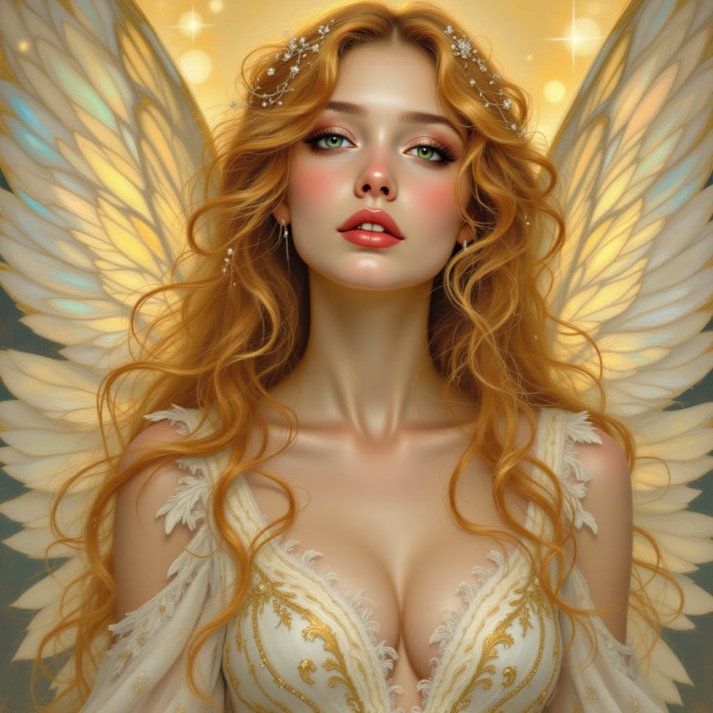 Gorgeous Angel in Pre-Raphaelite Style with Golden Hues