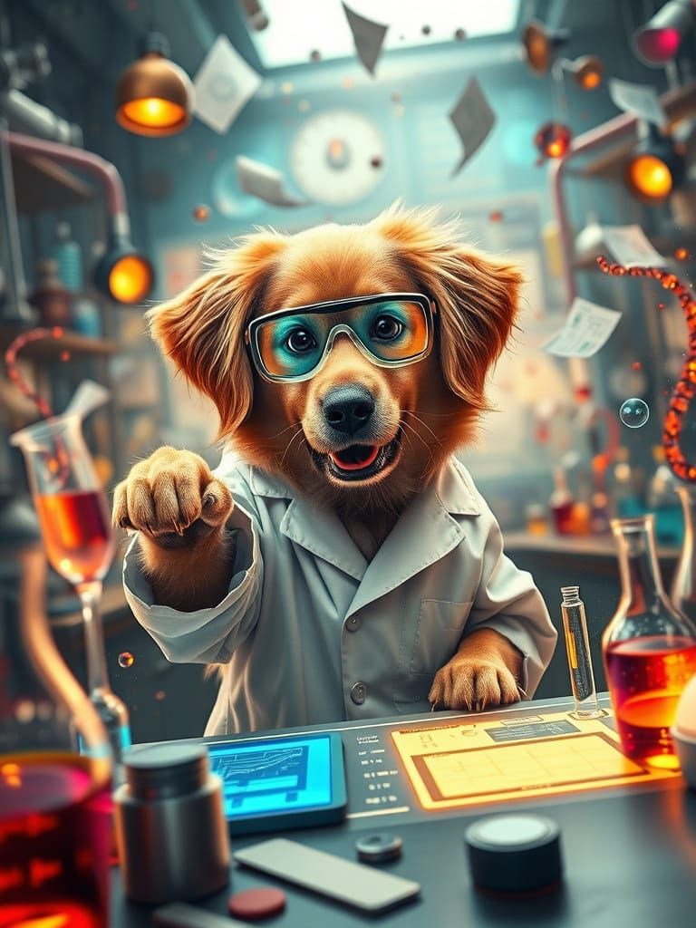 Golden Retriever Scientist in Hyper-Realistic Lab