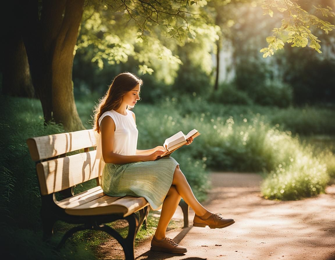 Woman Reading in Park at Sunset as Impressionist Painting