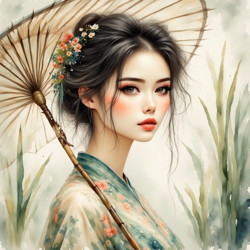 Woman in Chinese Dress: Romantic Manga Watercolor