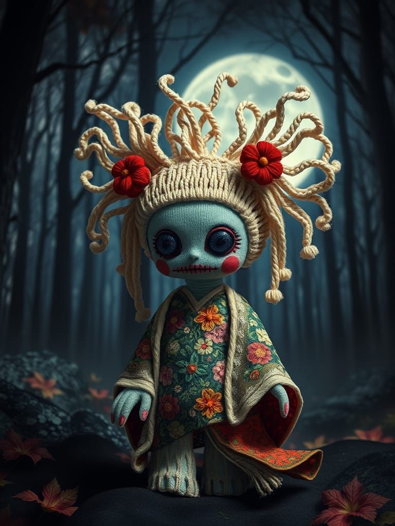 Tim Burton-Inspired Kappa Doll in Macrame, Dark Forest Lands...