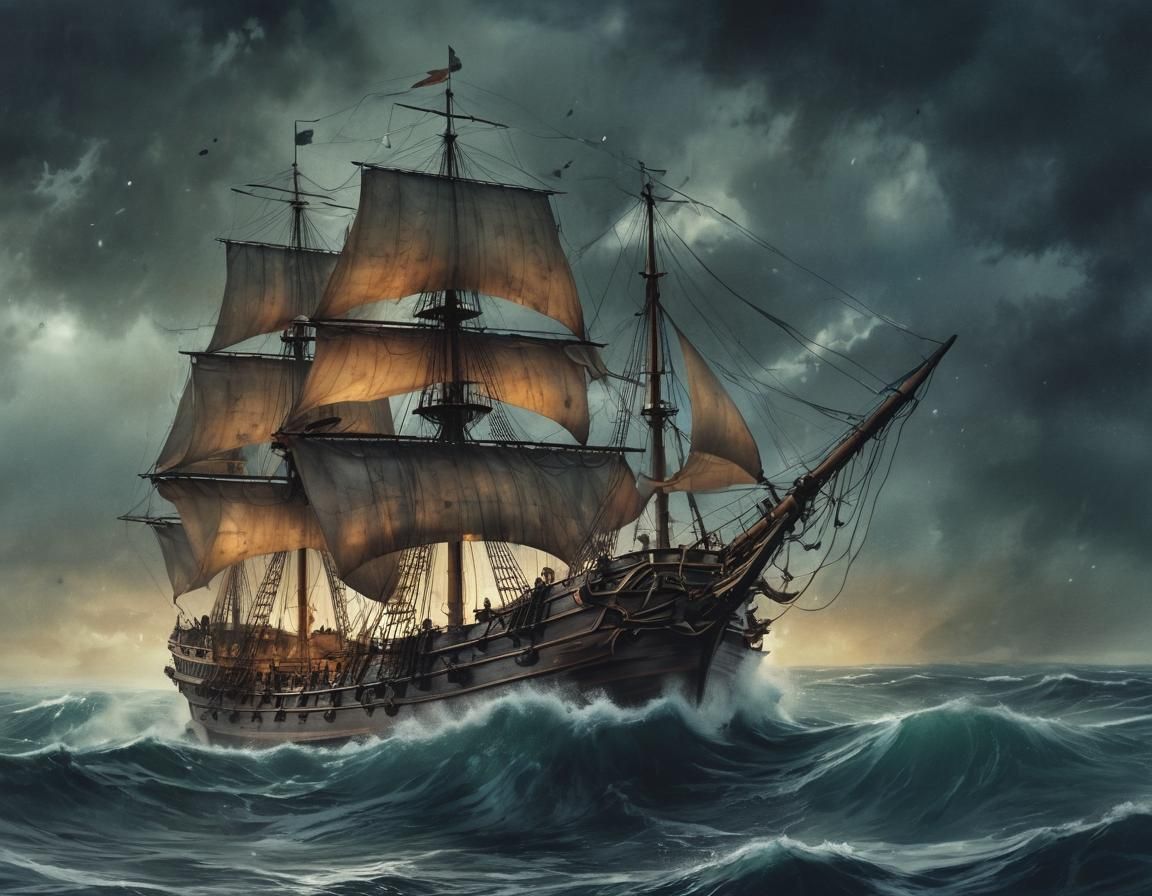 Stormy Seas Entangle a Galleon in Dark Fantasy