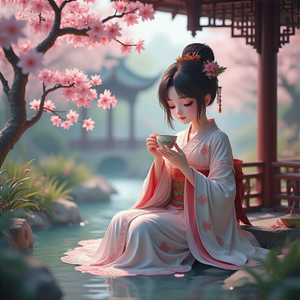 Serene Chinese Girl Drinking Tea in Pavilion, 3D Anime Style
