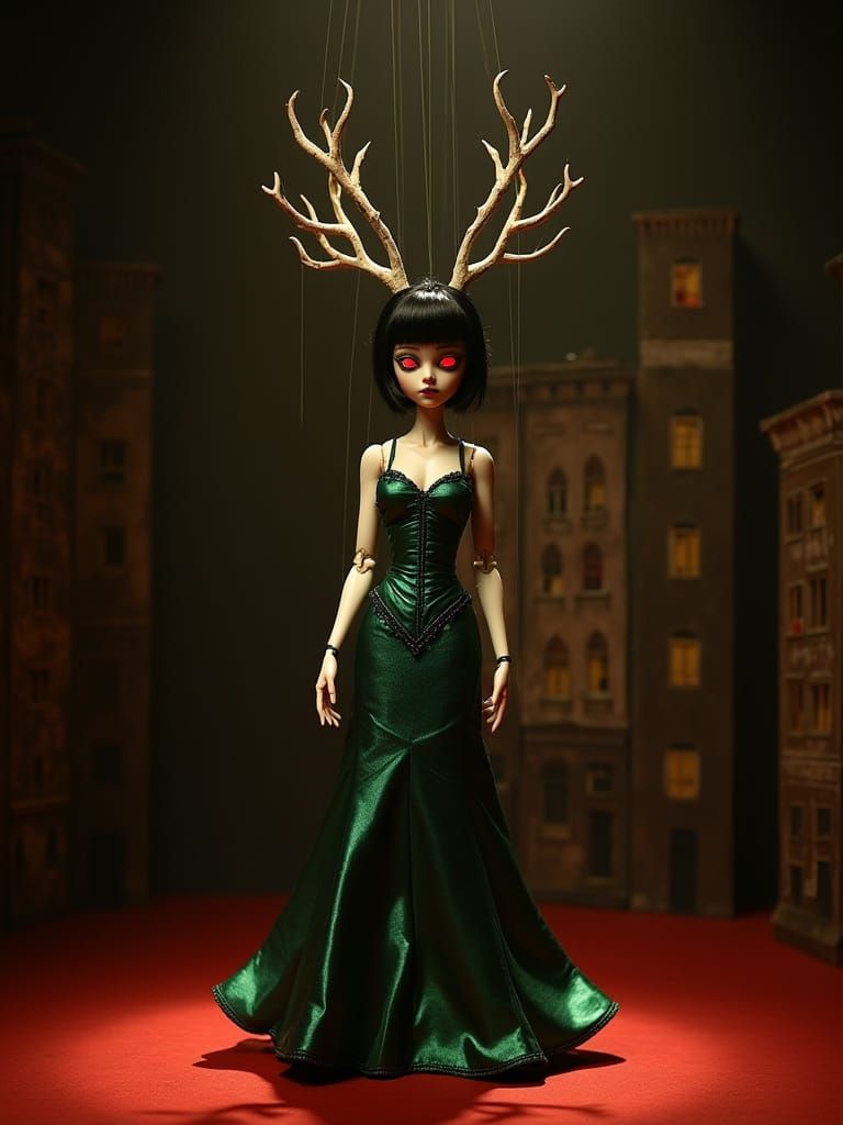 Cyberpunk Marionette with Iridescent Ballgown and Stag Antle...