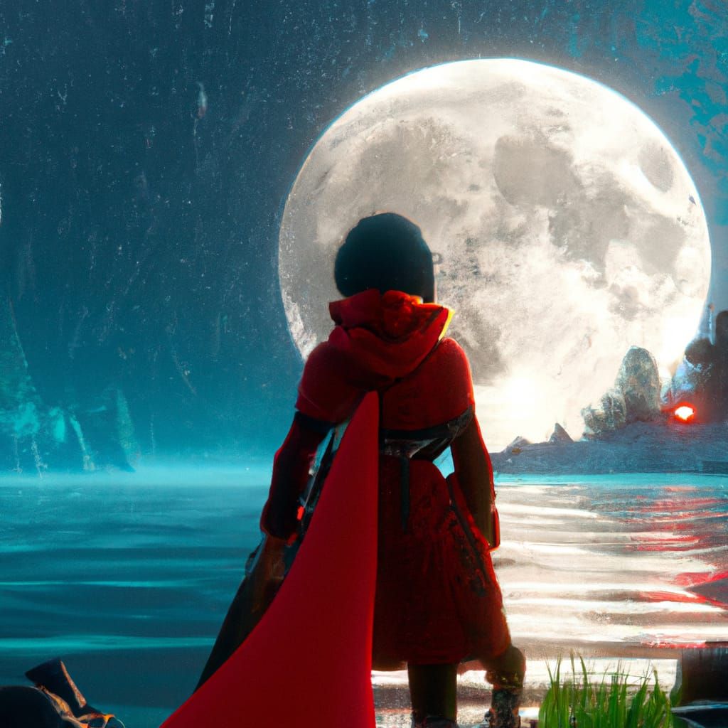 Woman in dark red cloak looking at storm and big moon over l...