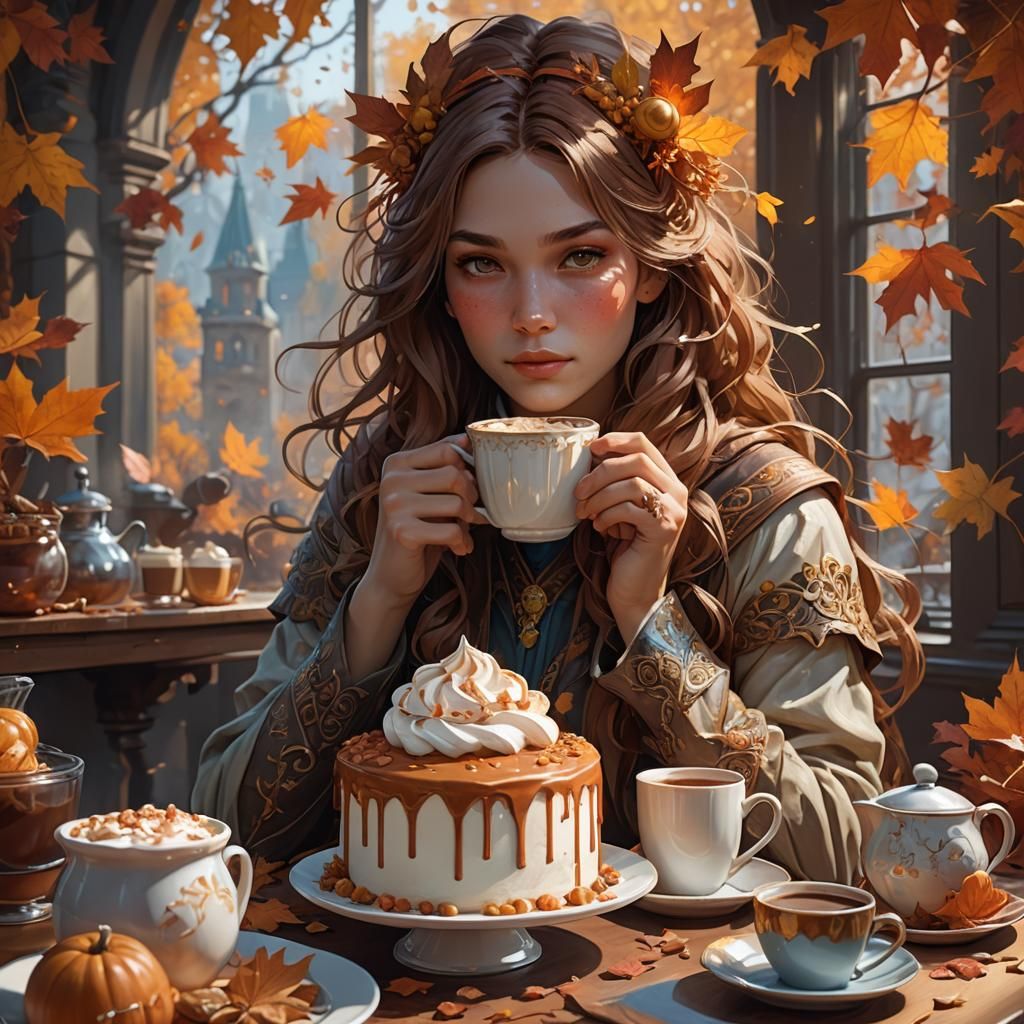 Autumn Cake with Woman in Art Nouveau Style
