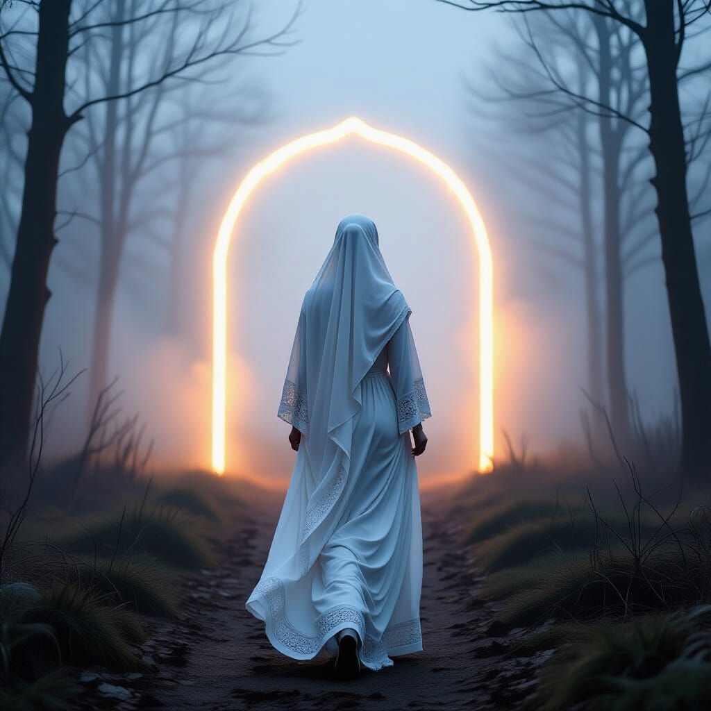 Woman in Hijab Walks to Forest Portal