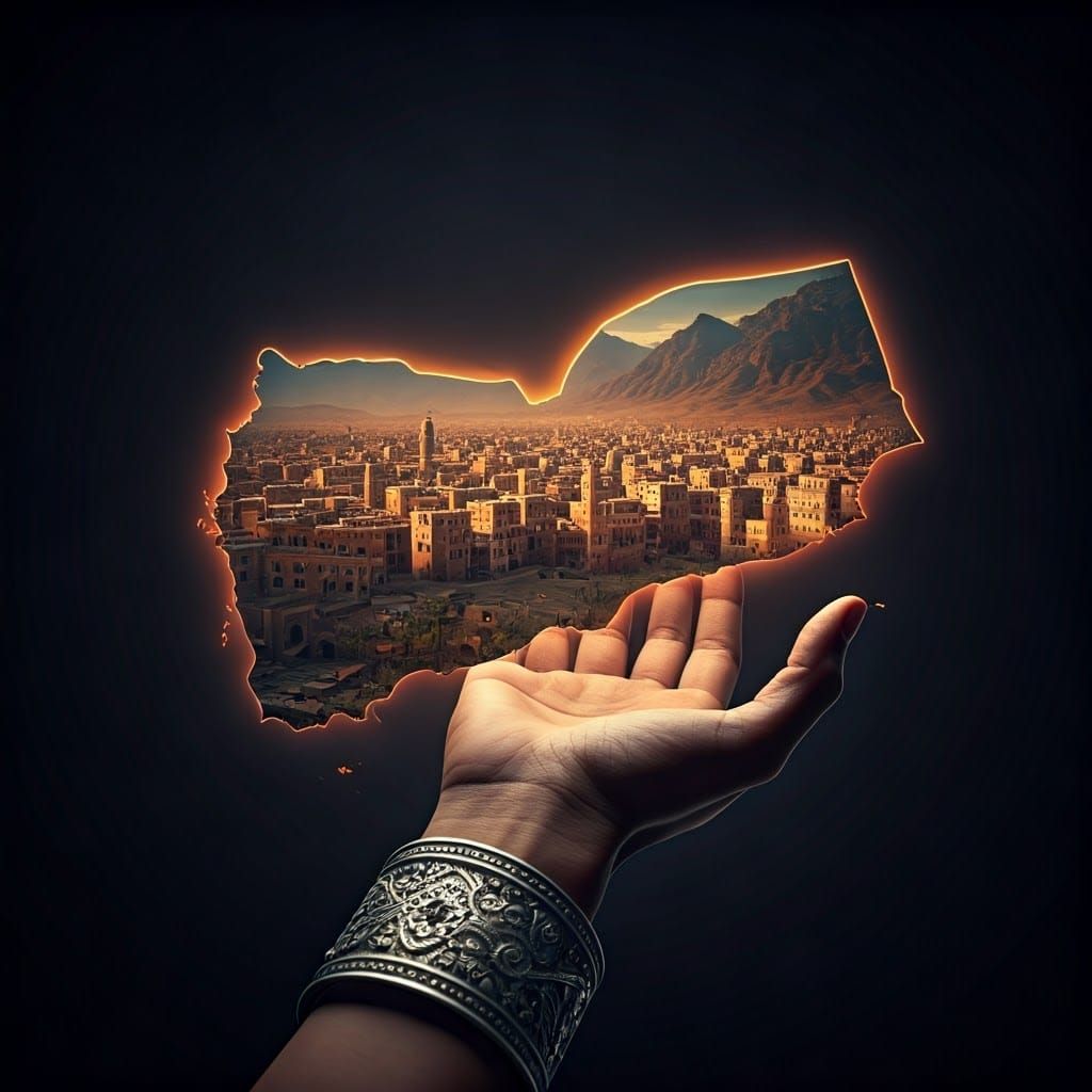 Traditional Yemeni Hand Cradles Glowing City of Sana'a in Dr...