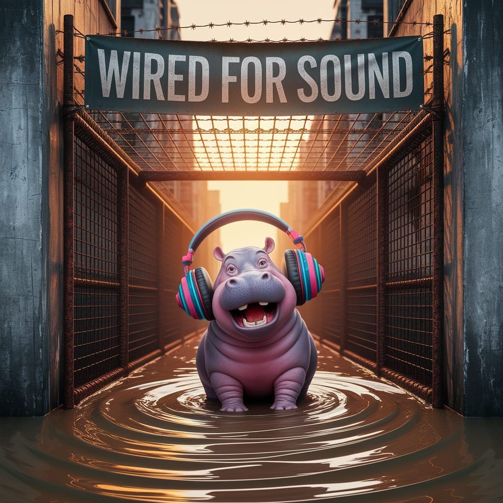 Hippo in Urban Cage with Headphones, Digital Art