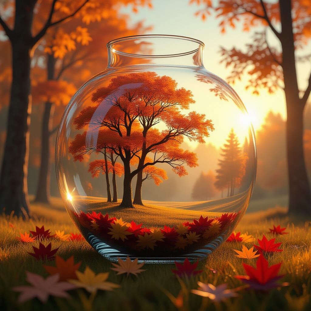 Autumn Landscape in Glass Vase: Realistic 3D Rendering