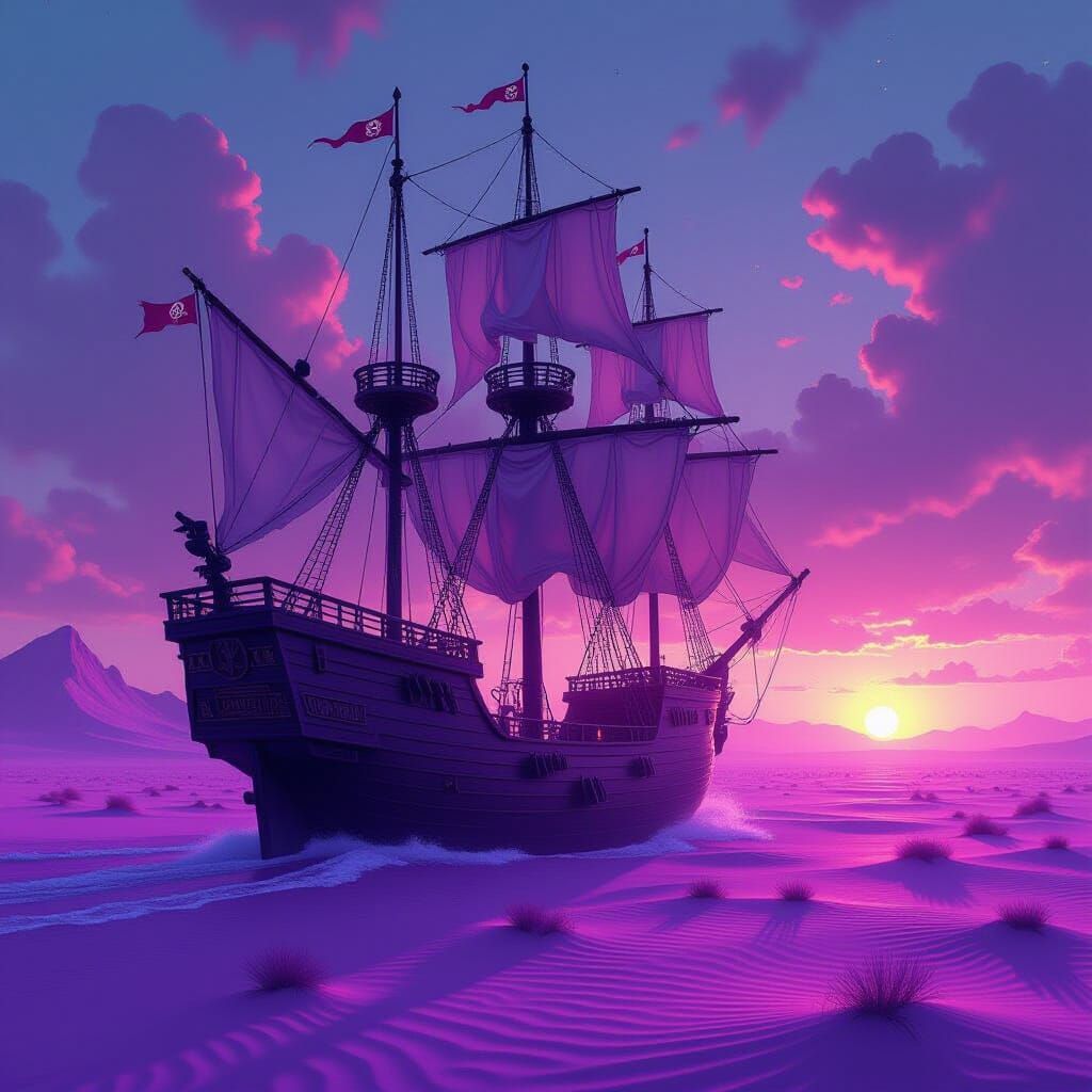 Glass Pirate Ship Sailing Purple Desert