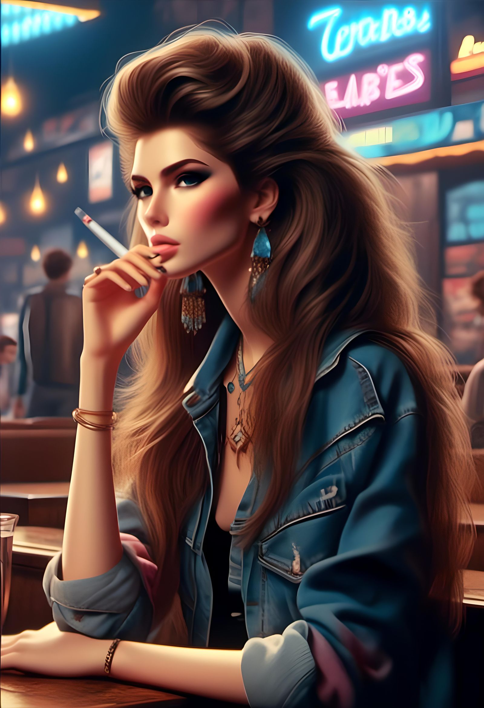 Brunette Woman Smoking in 80s Supermodel Style