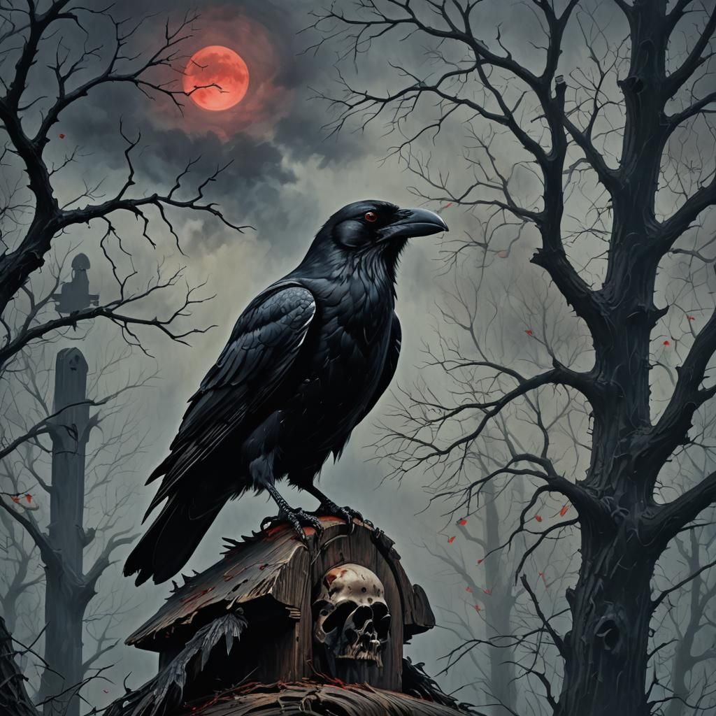 Gothic Raven Oil Painting with Red Eyes