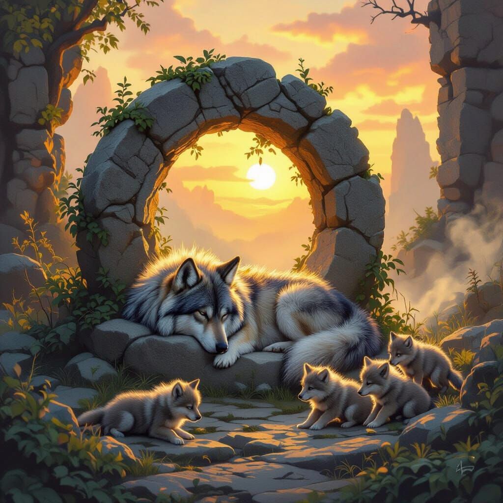 Wolf Family at Sunset in Ethereal Painterly Style