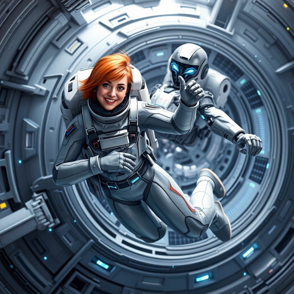 Sleek Astronaut and Titanium Android in Futuristic Space Set...