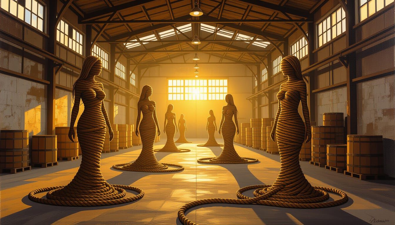 Surreal Warehouse Oil Painting with Abstract Rope Figures