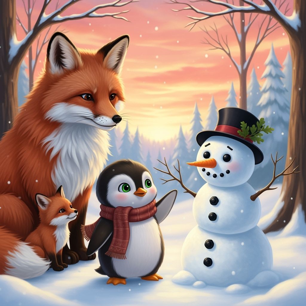 Penguin and Snowman Farewell in Snowy Forest