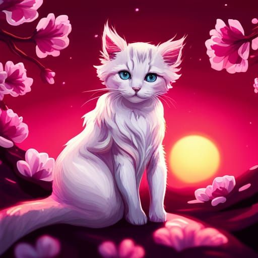 Mermaid Kitten in Sakura Pond, Digital Art