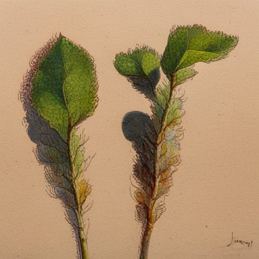 Burdock Leaf Line Sketch as Oil Painting