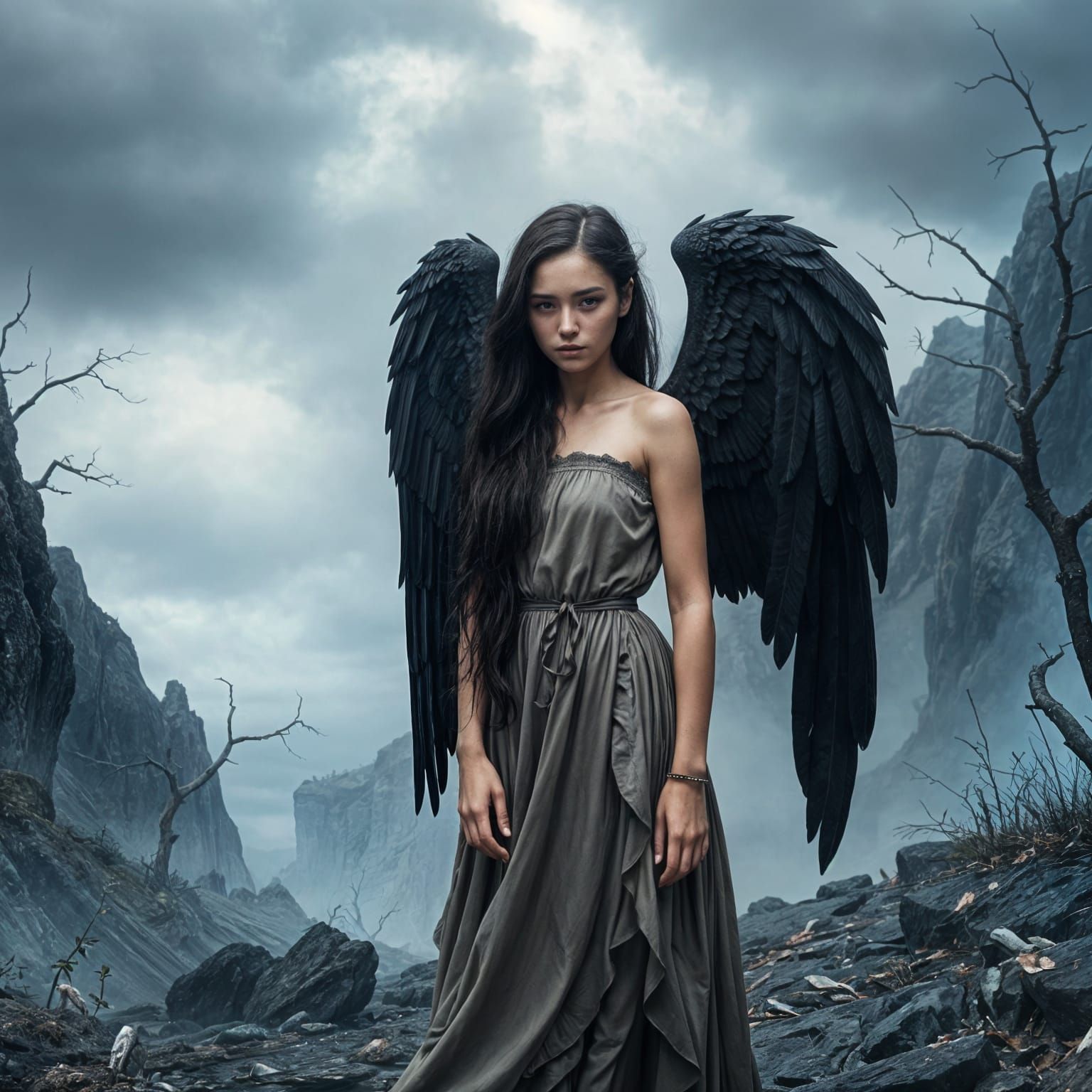 Melancholic Fallen Angel in Ethereal Landscape