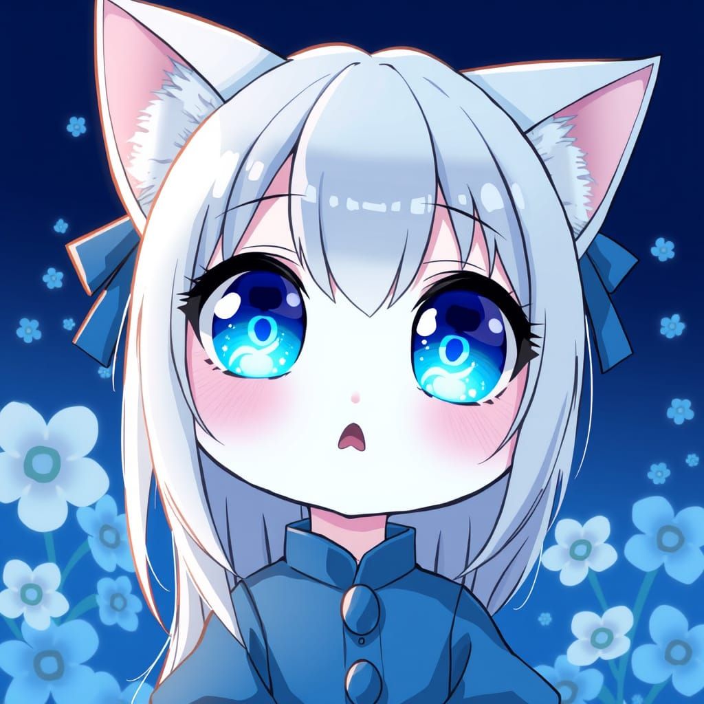 Chibi Anime Catgirl with Sparkling Blue Eyes in Ethereal Blu...