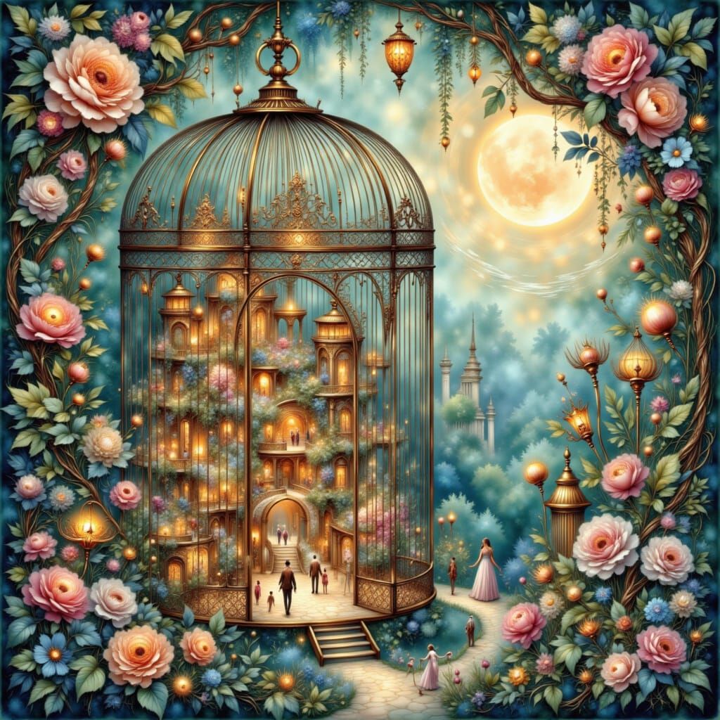 Whimsical City Inside Ornate Art Nouveau Birdcage
