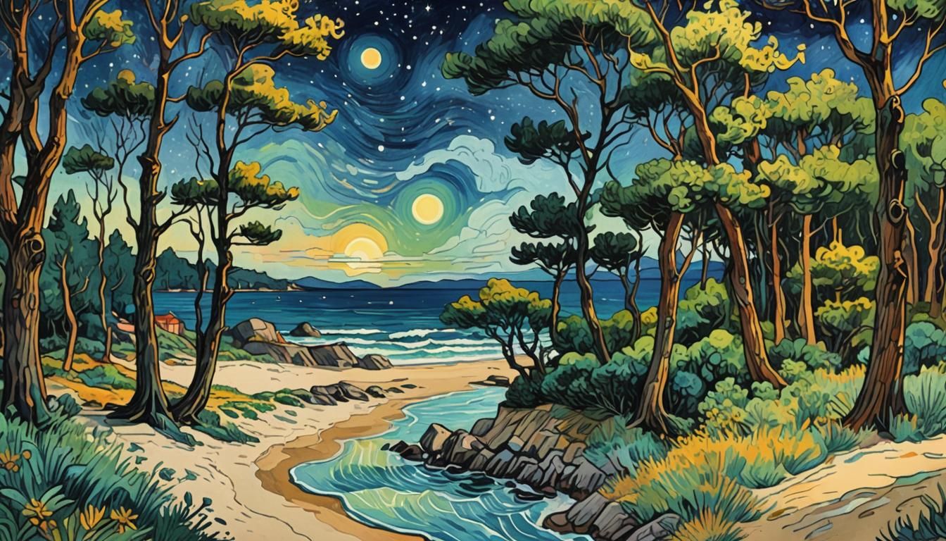 Psychedelic Beach Sound Waves in Gouache Style